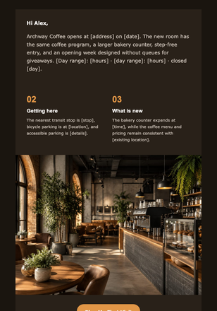 The Archway Café Opening email design preview