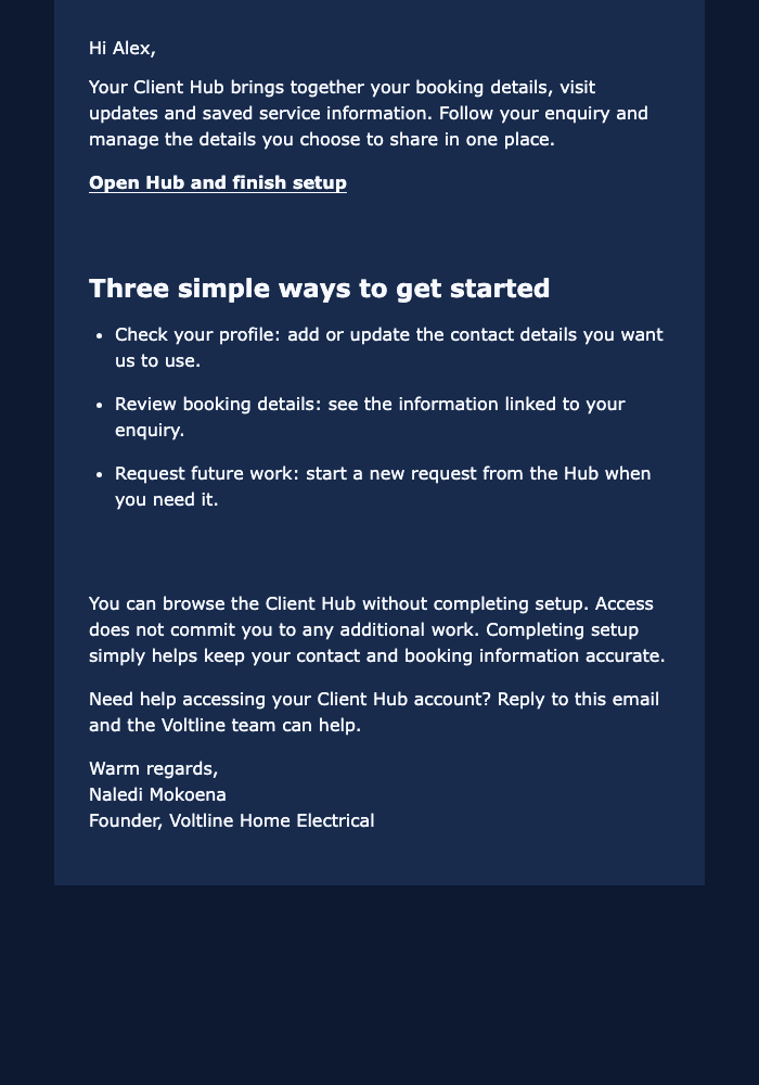 Client Hub Welcome email design preview