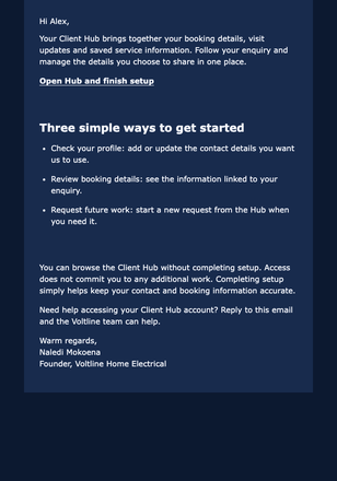 Client Hub Welcome email design preview