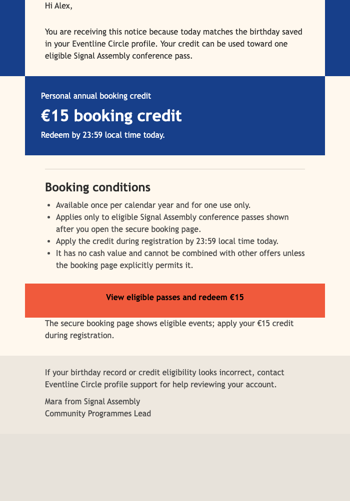Birthday Booking Credit Reminder email design preview