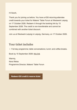 Returning Attendee Credit email design preview