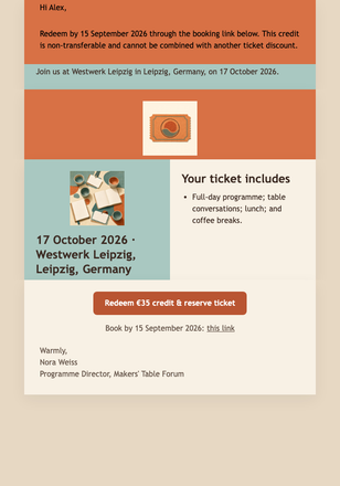 Returning Attendee Credit email design preview
