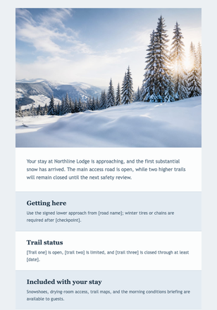 First Snow Lodge Conditions email design preview