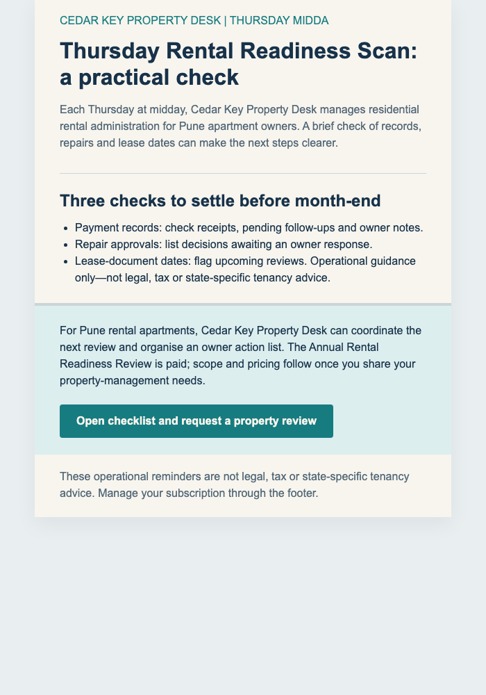 Thursday Rental Readiness Scan email design preview