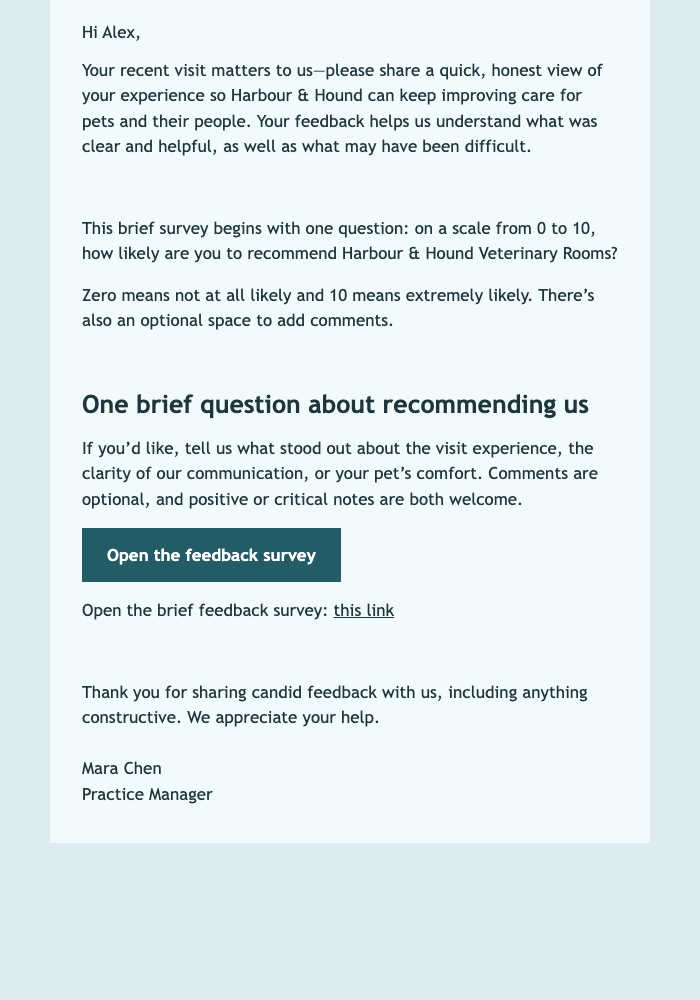 Recent Visit Feedback Note email design preview