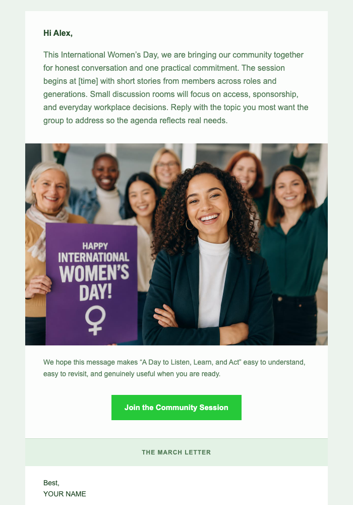 A Day to Listen, Learn, and Act email design preview