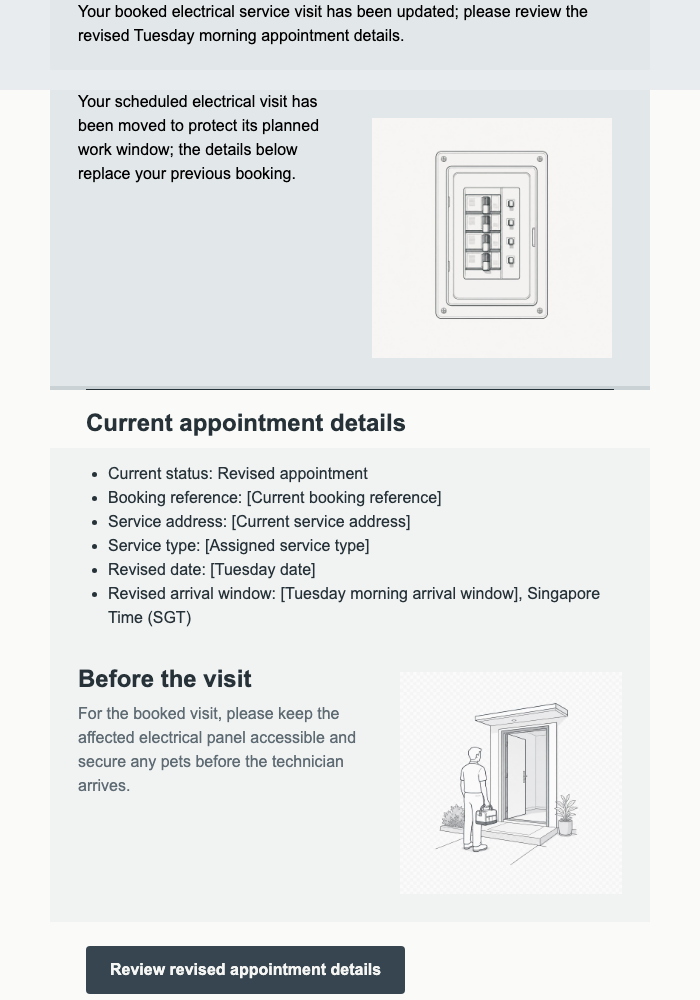 Revised Electrical Visit Notice email design preview