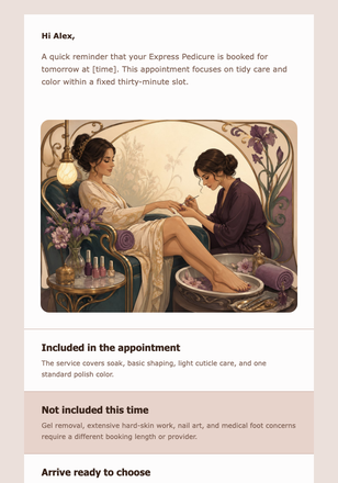 Your Express Pedicure Reminder email design preview