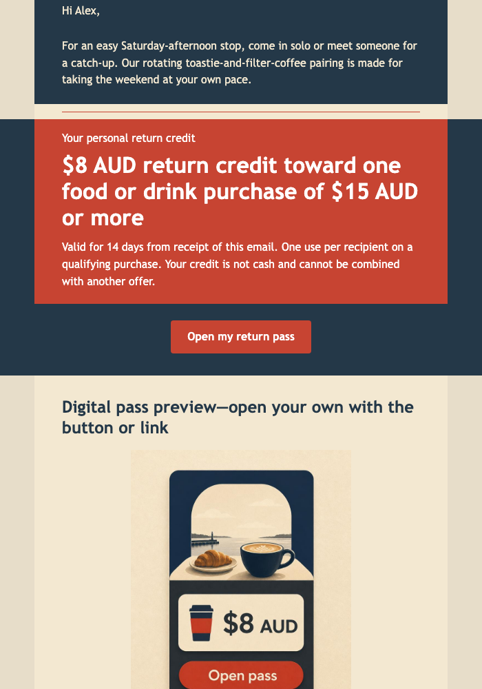 Saturday Return Pass email design preview