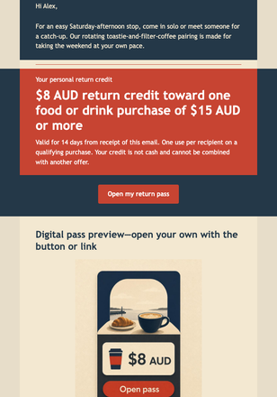 Saturday Return Pass email design preview