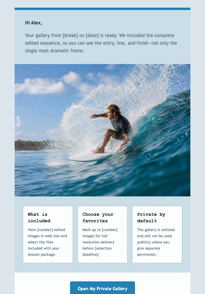 Your Surf Session Gallery email design preview