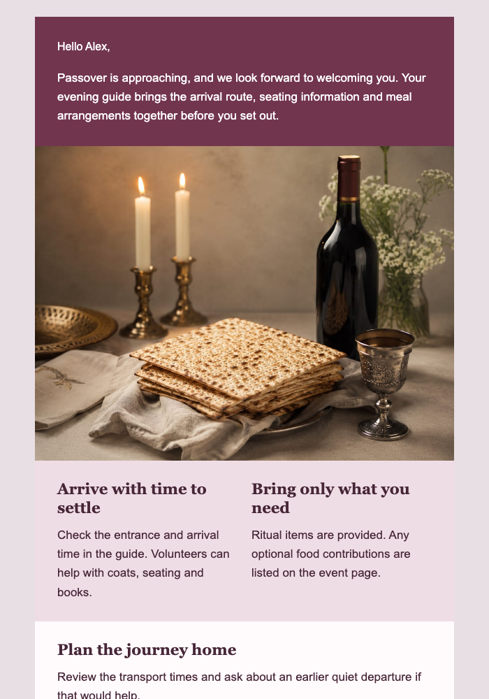 Matzah, Wine, and the Evening Ahead email design preview