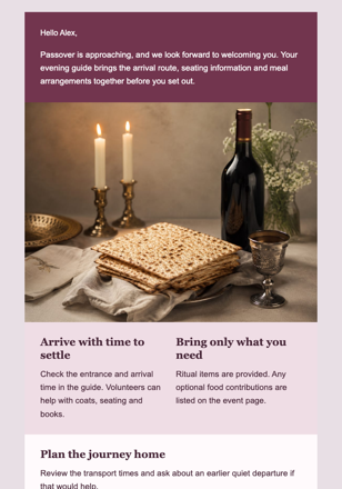 Matzah, Wine, and the Evening Ahead email design preview