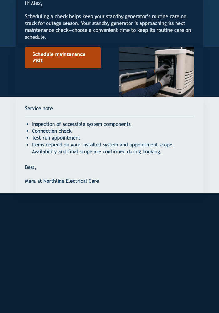 Generator Maintenance Reminder email design preview
