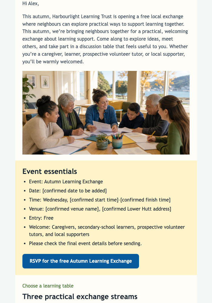 Autumn Learning Exchange Invitation email design preview
