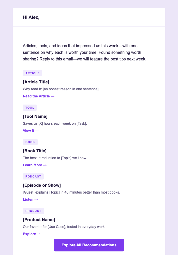 Curated Recommendations email design preview