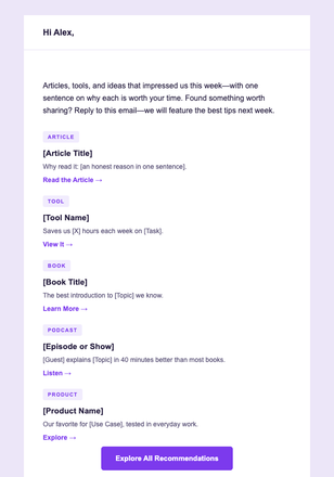 Curated Recommendations email design preview