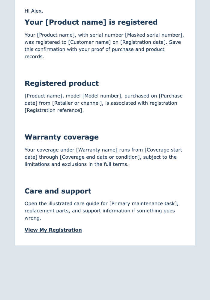 Product Registration and Warranty Confirmation email design preview