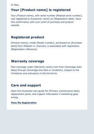 Product Registration and Warranty Confirmation email design preview