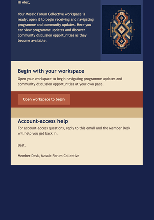 Community Workspace Welcome email design preview