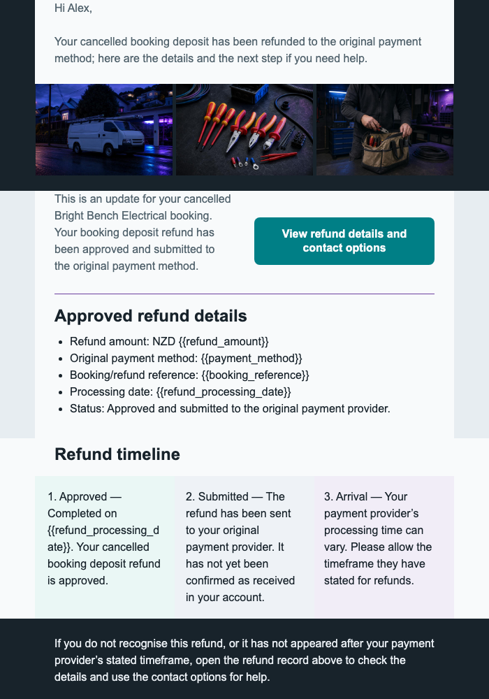 Electrical Booking Refund Update email design preview