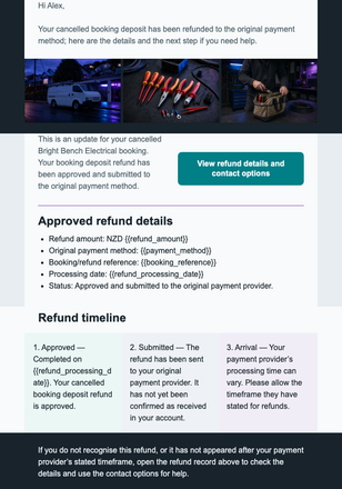 Electrical Booking Refund Update email design preview