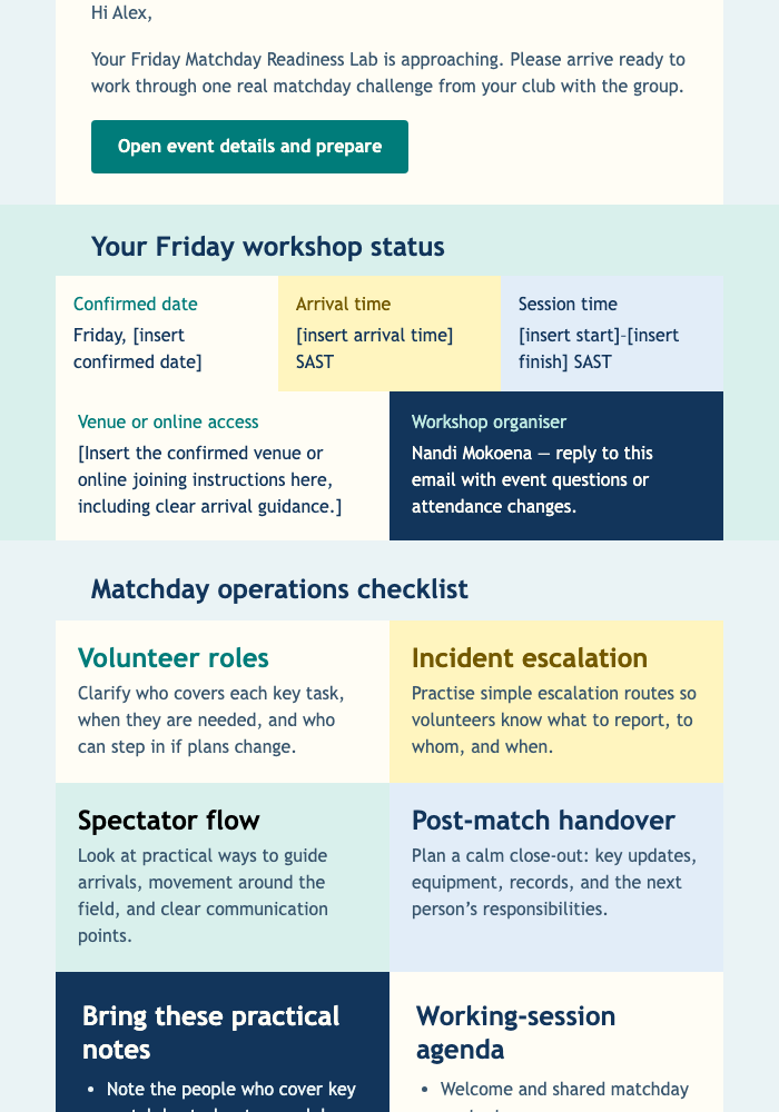 Friday Matchday Workshop Reminder email design preview