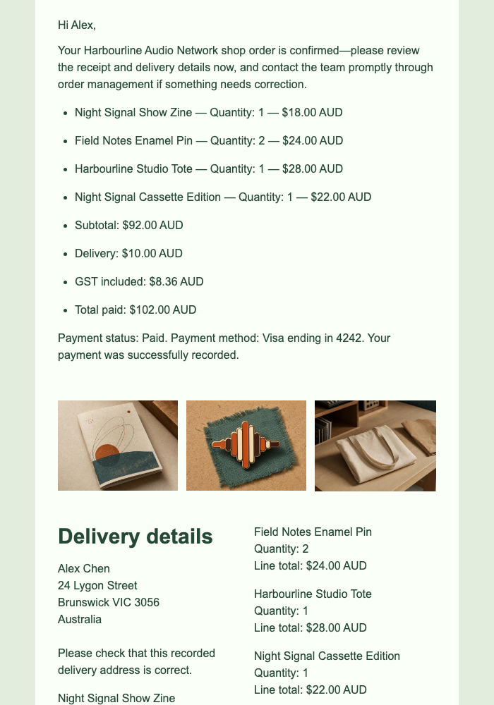 Audio Shop Order Confirmation email design preview