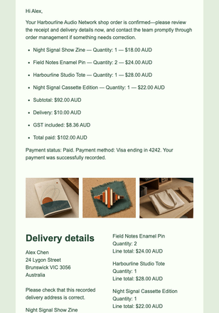 Audio Shop Order Confirmation email design preview
