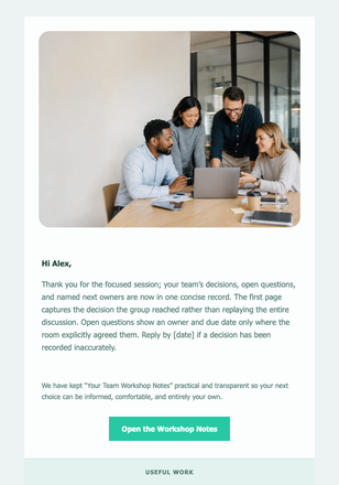 Your Team Workshop Notes email design preview