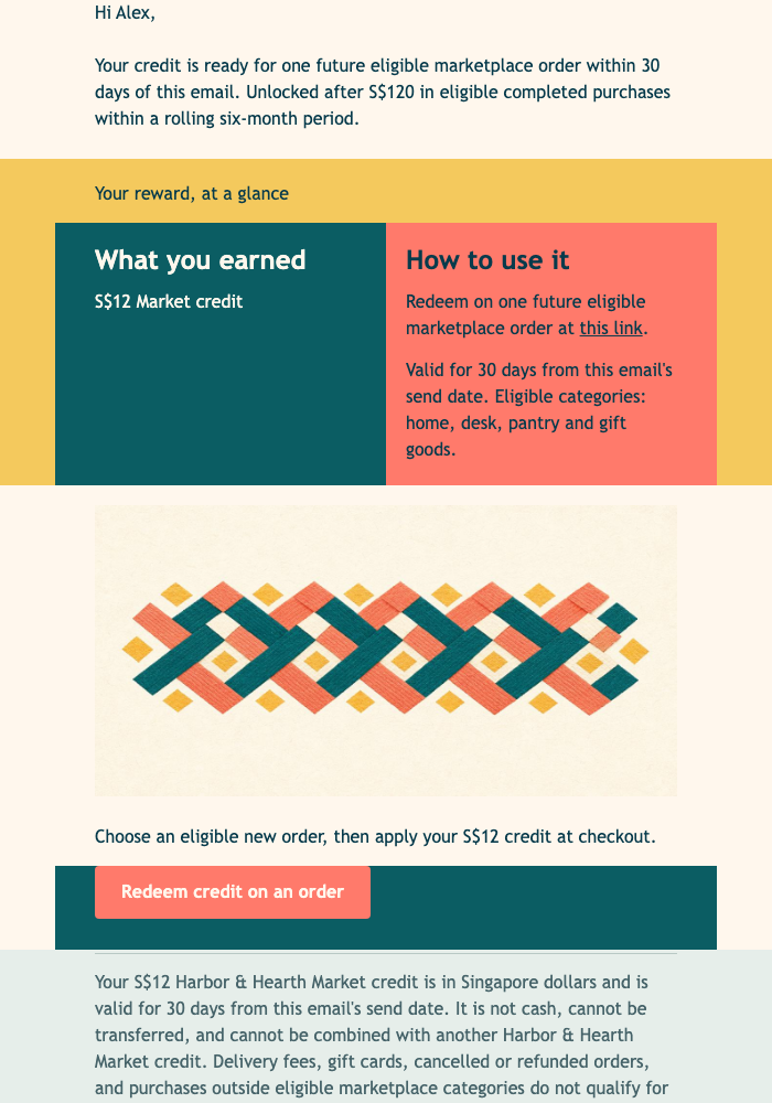 S$12 Loyalty Credit Unlocked email design preview