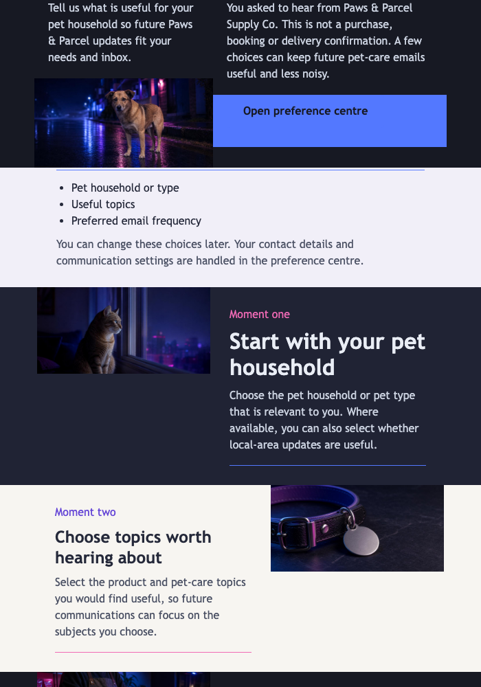 Pet Preferences Night Check-In email design preview
