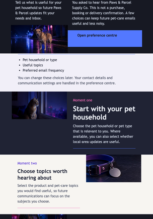 Pet Preferences Night Check-In email design preview