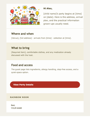 Rainbow Room Party Reminder email design preview