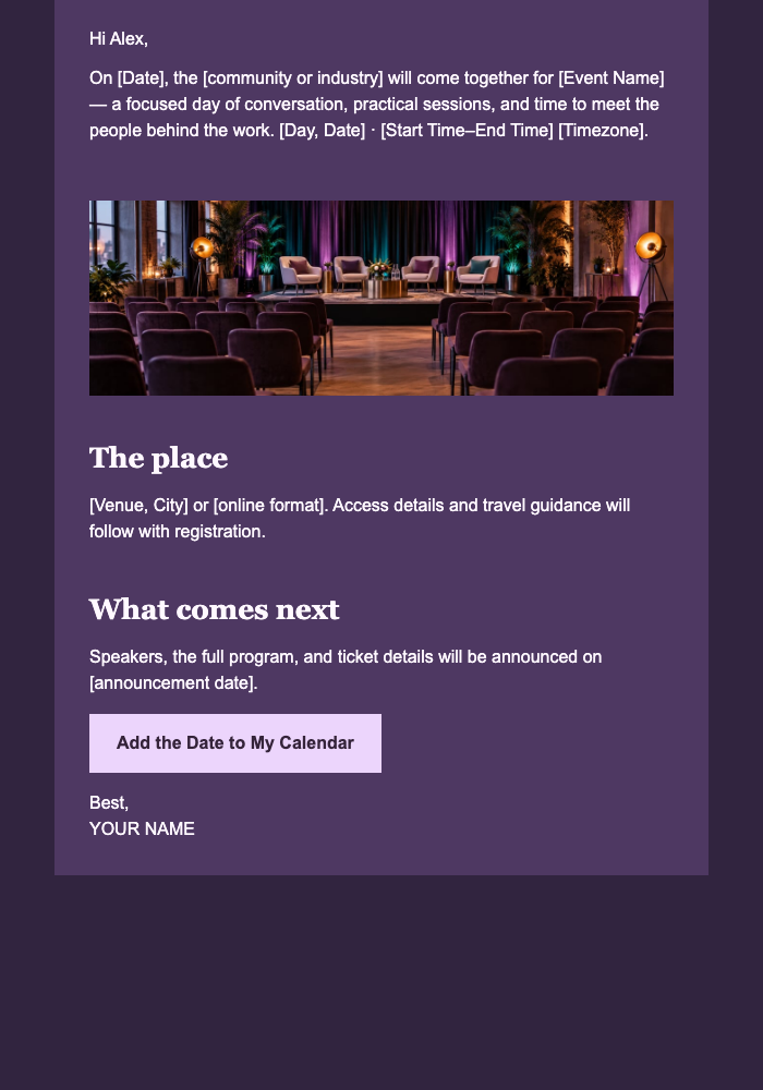 Event Save the Date email design preview