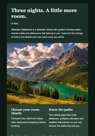 Lakeside Reset Retreat email design preview