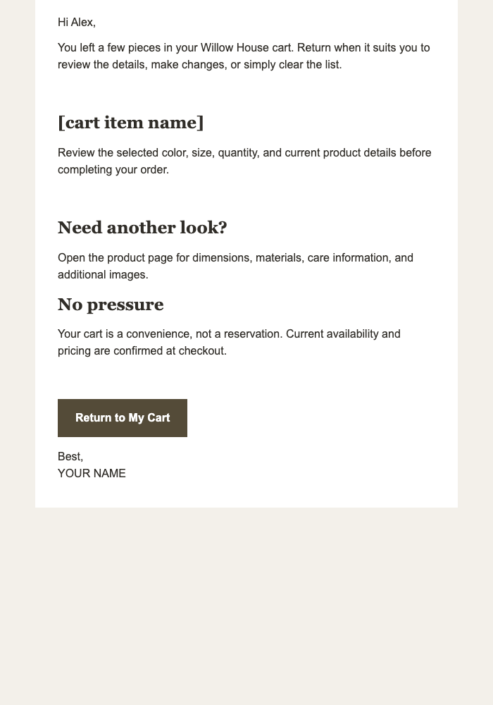Cart Abandonment Reminder email design preview