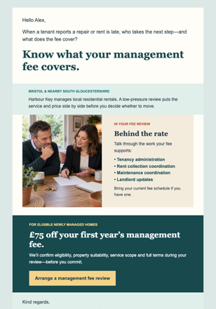 Landlord Fee Review Offer email design preview