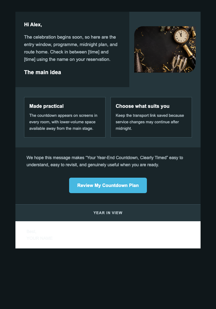 Your Year-End Countdown, Clearly Timed email design preview