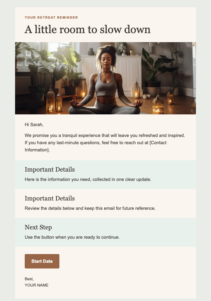 Wellness Retreat Reminder email design preview