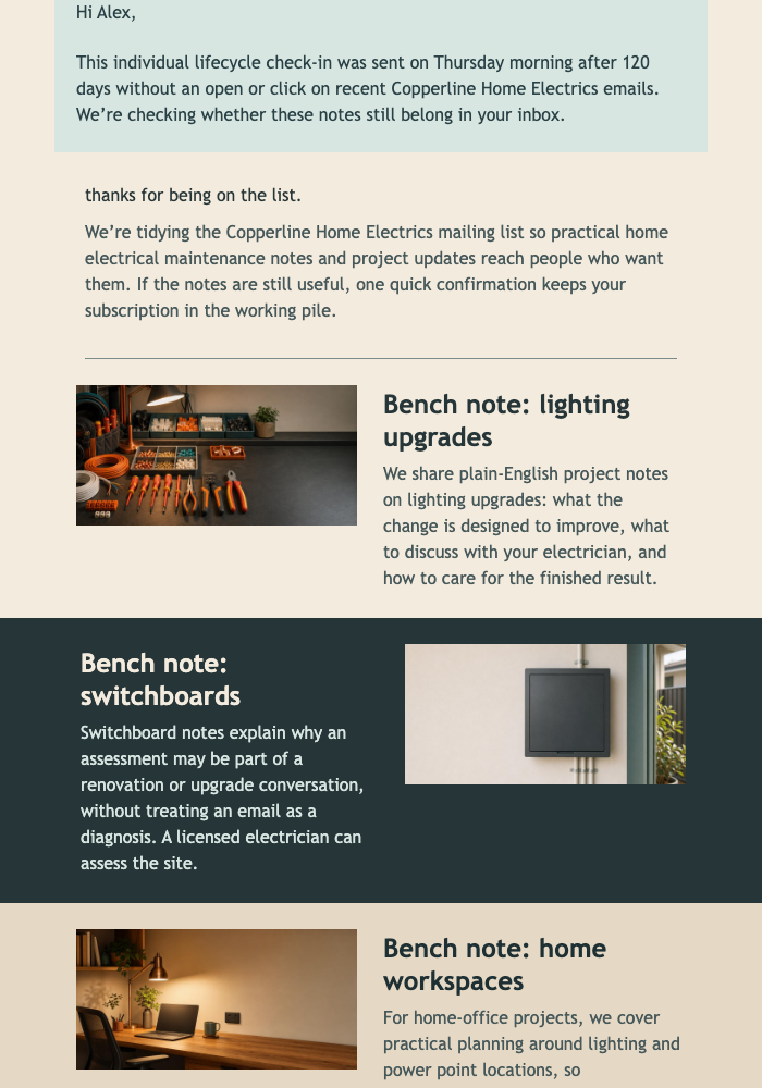 Electrical Updates Check-In email design preview