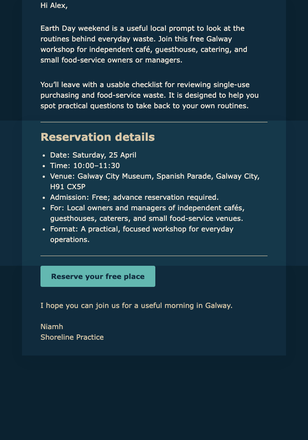 Earth Day Workshop Docket email design preview