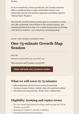 Cyber Monday Growth Session Ticket email design preview