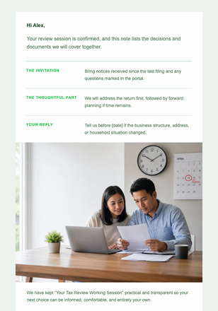 Your Tax Review Working Session email design preview