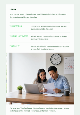 Your Tax Review Working Session email design preview