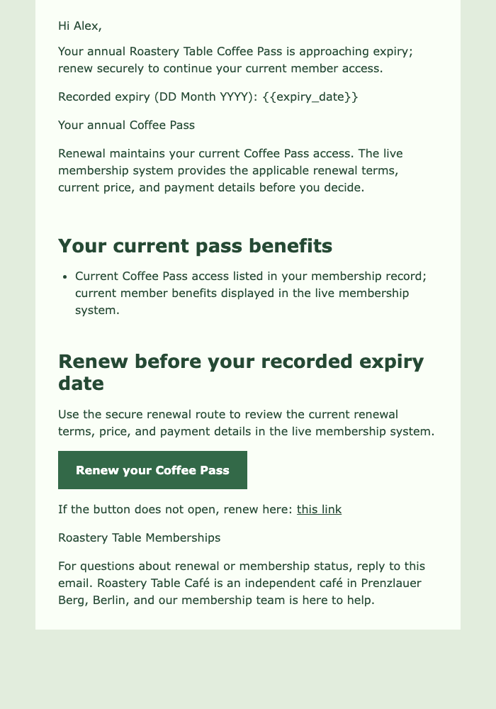Coffee Pass Renewal Reminder email design preview