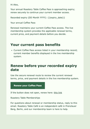 Coffee Pass Renewal Reminder email design preview