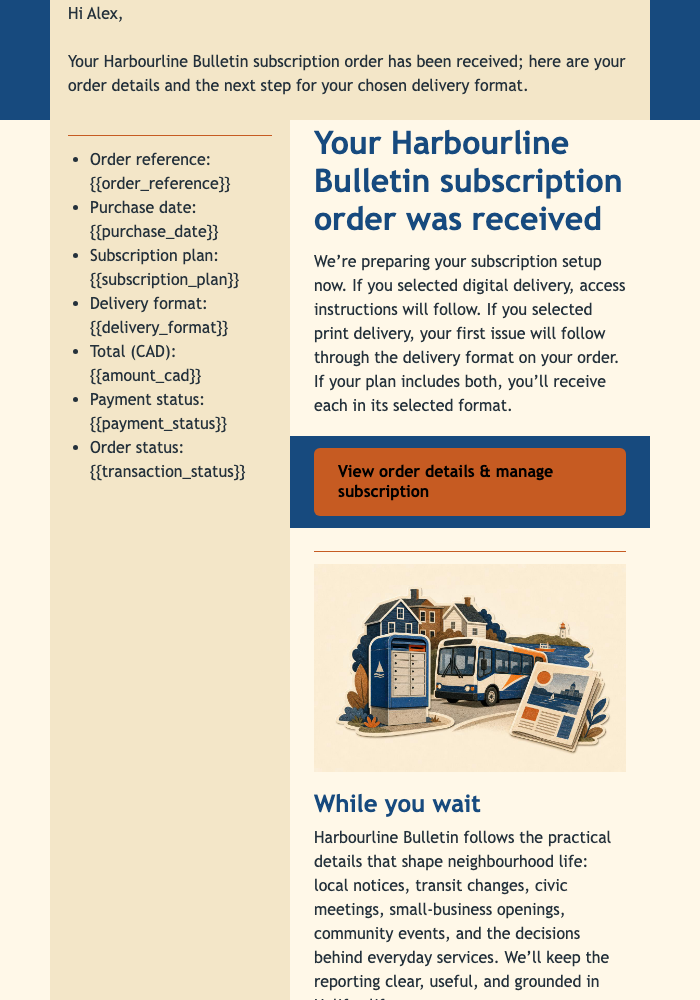 Local Bulletin Order Confirmation email design preview