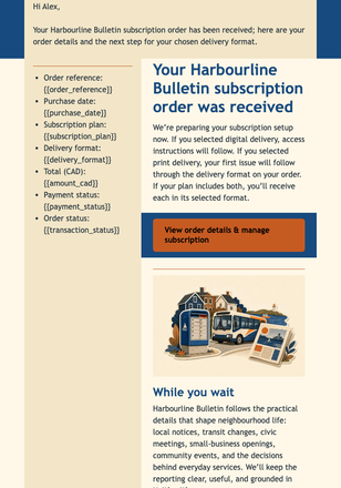 Local Bulletin Order Confirmation email design preview