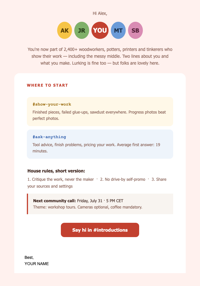 Community Welcome – The Makers Guild email design preview